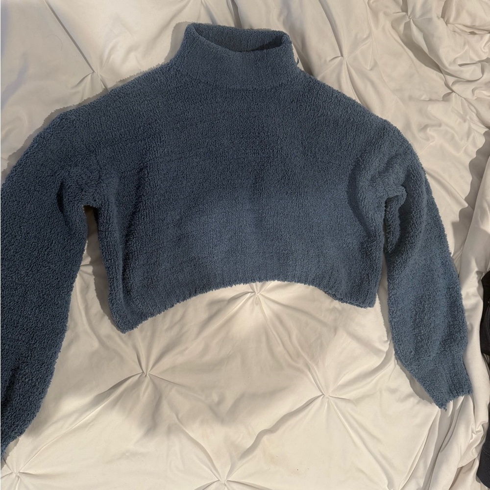Superdown Blue Cowl Neck Cropped Sweater